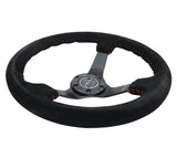 NRG Reinforced Steering Wheel (350mm / 3in. Deep) Blk Suede/Red BBall Stitch w/5mm Matte Blk Spokes