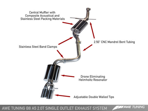 AWE Tuning Audi B8 A5 2.0T Touring Edition Single Outlet Exhaust - Polished Silver Tips