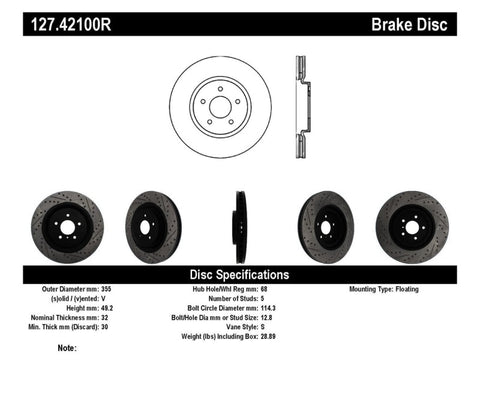 StopTech Infiniti G37 / Nissan 370Z SportStop Slotted & Drilled Front Right Rotor